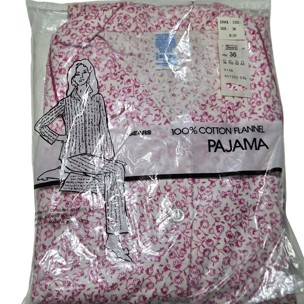 Vintage Sears 100% Cotton Flannel Pajamas Pink Floral Set‎ Women's 36 New In Bag
